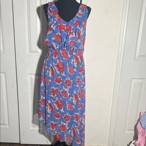 RACHEL Rachel Roy Blue Sleeveless High-Low Dress with Red Floral Pattern